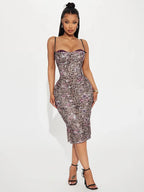 Floral Mixed Print Bustier Bow Strap Bodycon Midi Dress