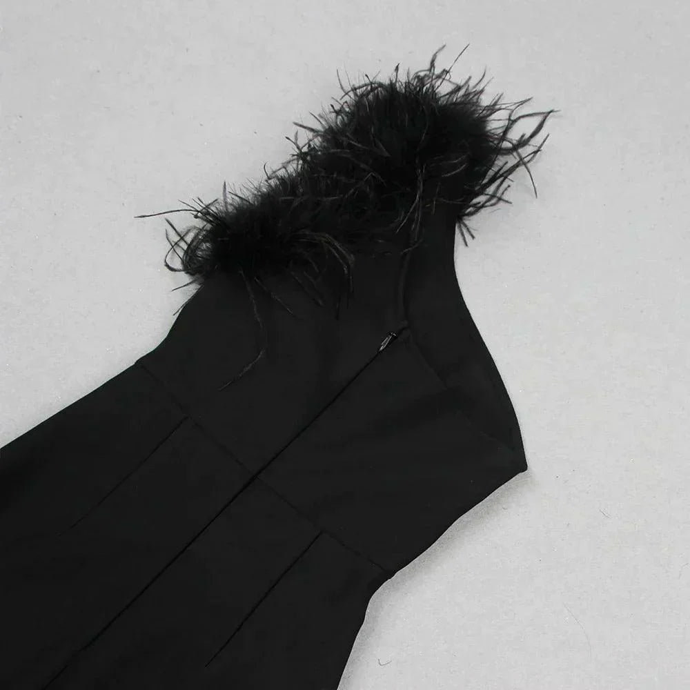 Dainty In The Dark Elegant One Shoulder Feather Maxi Dress