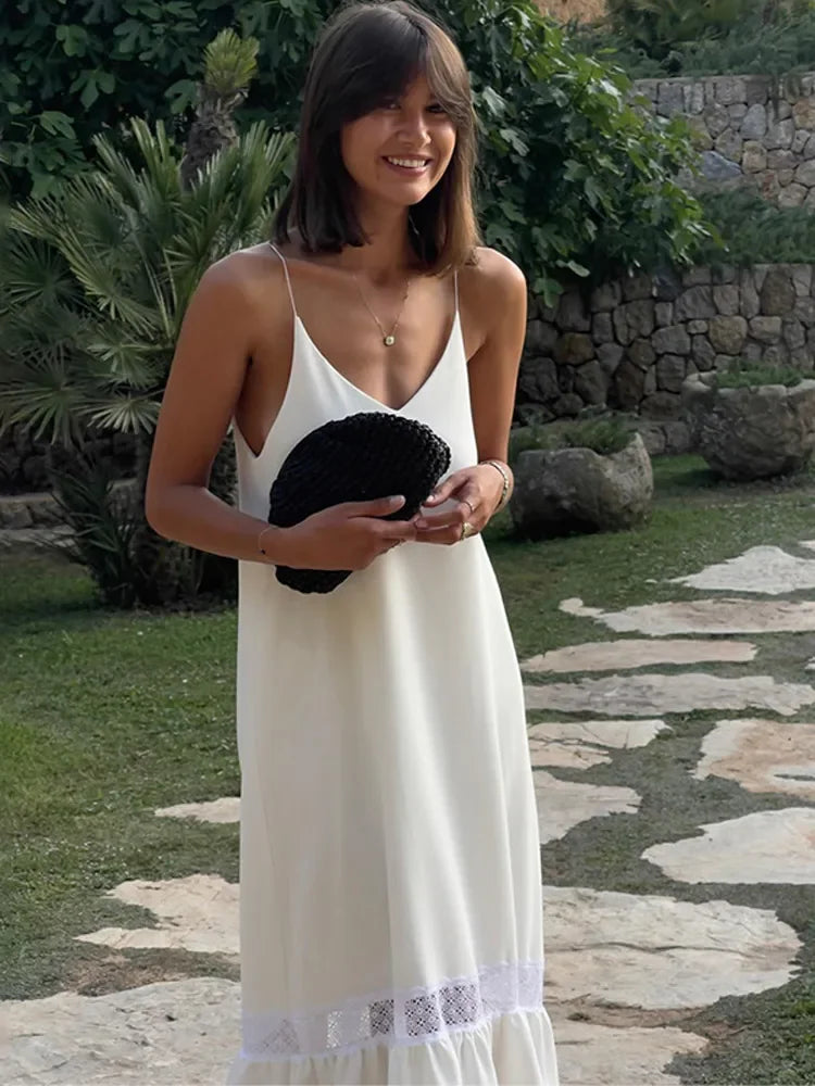 Satin Spaghetti Strap Lace Insert Ruffle Hem Maxi Dress