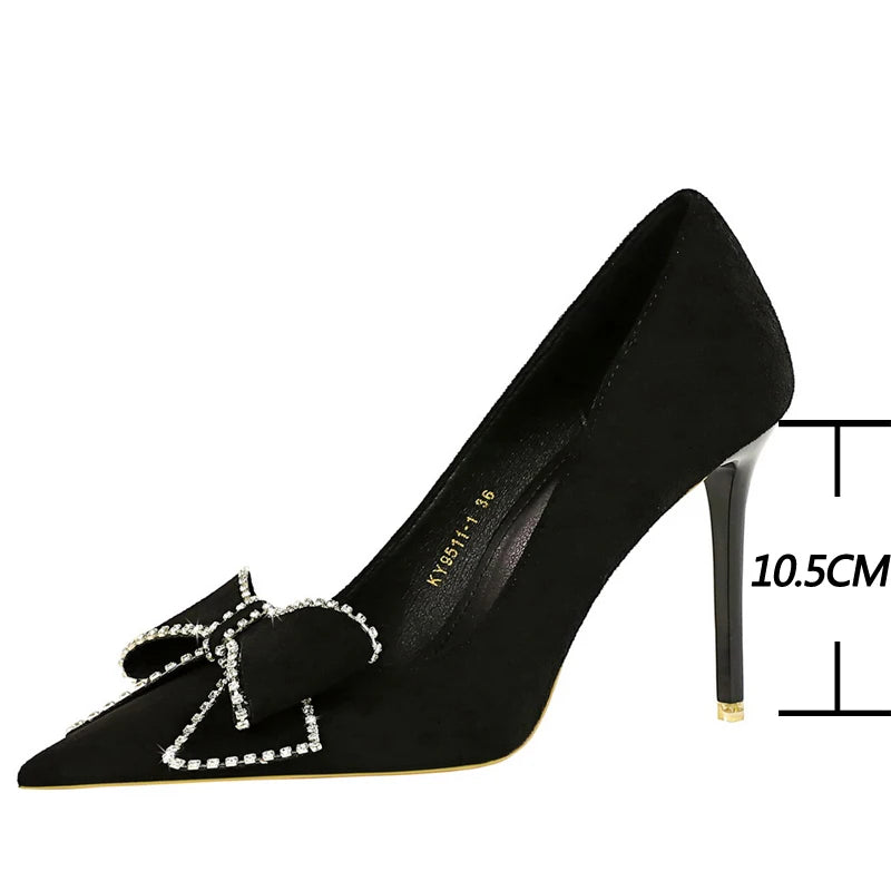 Rhinestone Bowknot Suede High Heels for Women - Sexy Party Shoes