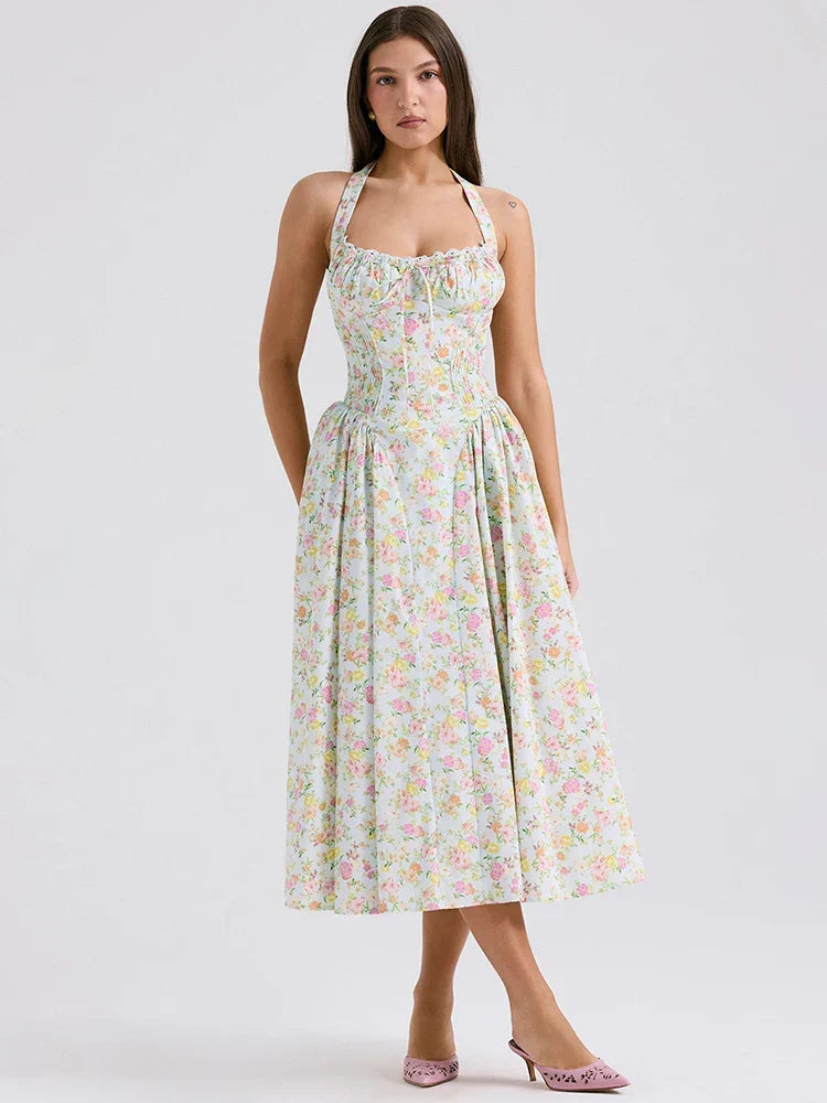 Ditsy Floral Print Halter Neck Corset Bow Trim Fit and Flare Midi Dress
