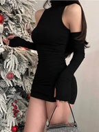 Mock Neck Rib Knit Detached Sleeve Bodycon Mini Dress