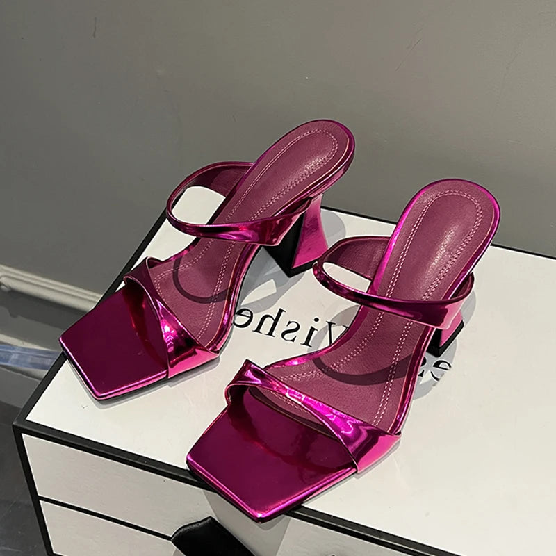 Square Toe High Heel Slippers with Elegant and Strange Design for Women