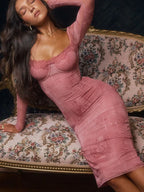 Sheer Sleeve Sweetheart Lace-Trim Architectural Print Bodycon Midi Dress
