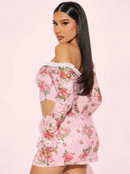 Floral Lace Off Shoulder Long Sleeve Crop Top Mini Skirt Set