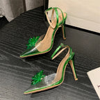 Green Crystal Flower Women Pumps with Sexy Pointed Toe High Heels