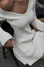 Off-Shoulder V-Neck Mini Dress with High Waist and Long Sleeves