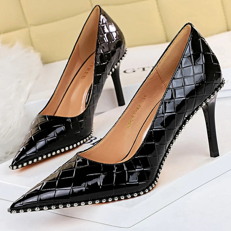 Metal Beads Black Suede High Heel Stiletto Wedding Shoes Women Pumps