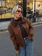 Vintage Coffee Lamb Wool Lapel Jackets For Women Chic Zipper Long Sleeved Thicken Warm Coats New Female Winter Streetwear