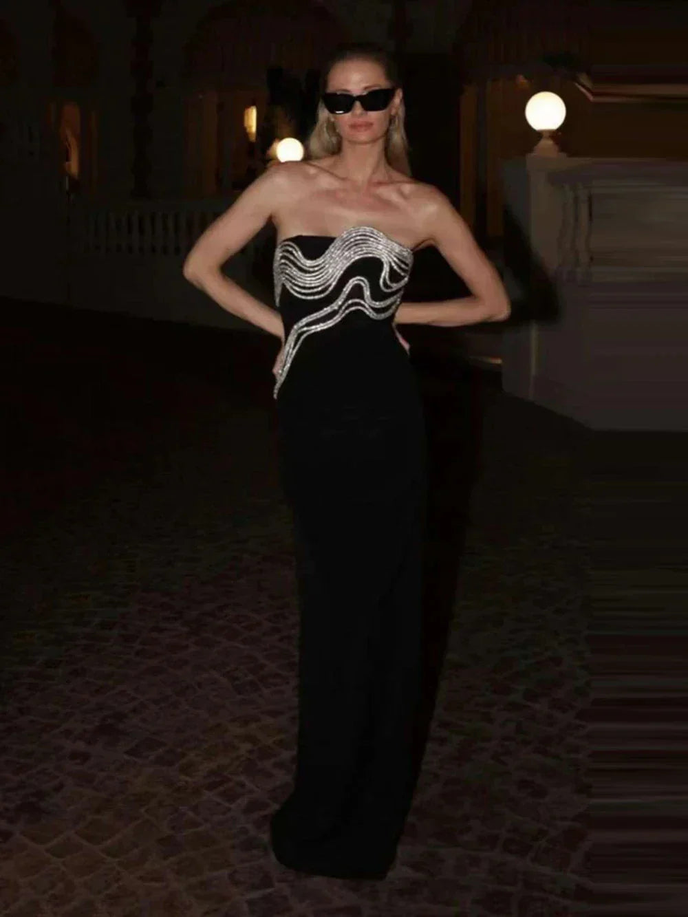 Strapless Wave Rhinestone Bandage Maxi Dress