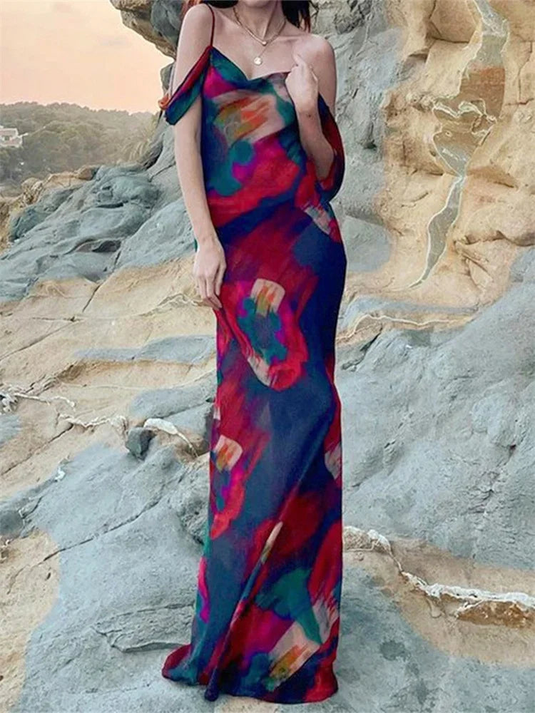 Floral Mesh Off Shoulder Draped Sleeve Bodycon Maxi Dress