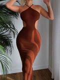 Ribbed Knit Halter Neck Waist Cut Out Bodycon Midi Dress
