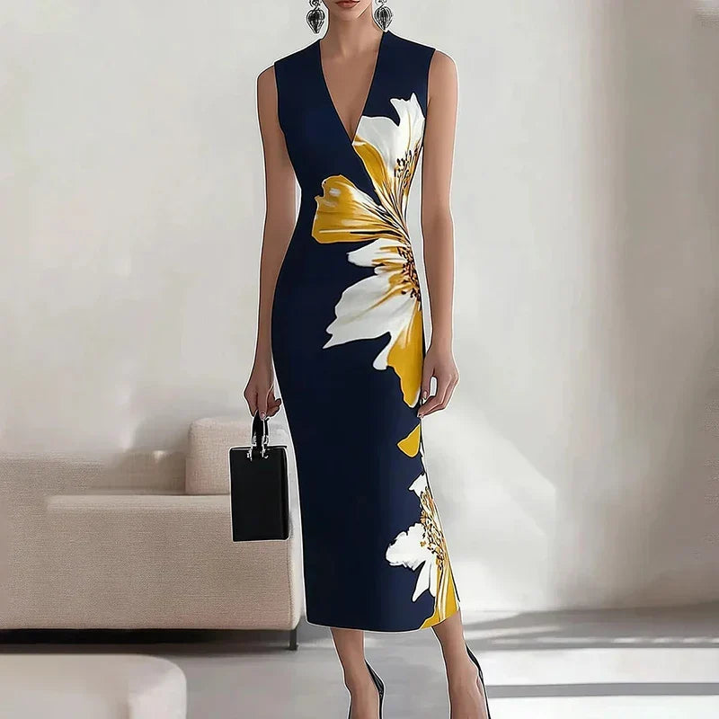 Floral Print Sleeveless Deep V Neck Bodycon Midi Dress