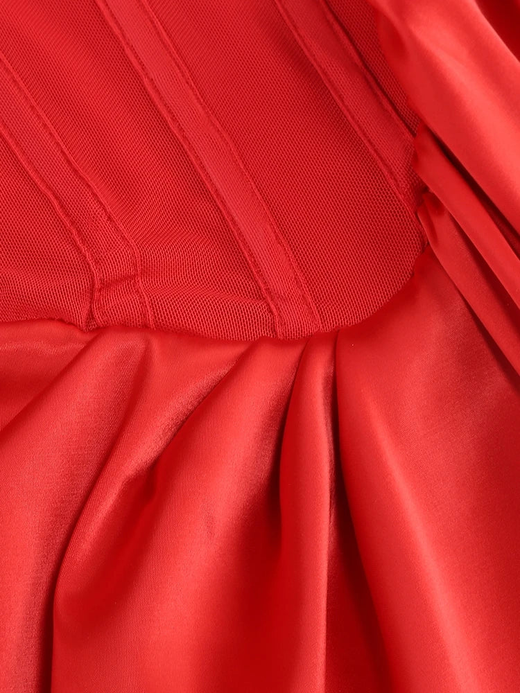 Red Satin Gown Dress with One Shoulder and Sequin/Rhinestone Details