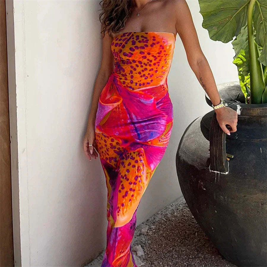 Abstract Tropical Print Strapless Bodycon Midi Dress