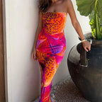 Abstract Tropical Print Strapless Bodycon Midi Dress