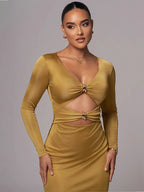 V-Neck Long Sleeve Ring Hardware Cut Out Bodycon Maxi Dress