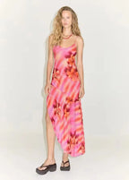 Lily Floral Print Abstract Wave Stripe Spaghetti Strap High Split Maxi Dress