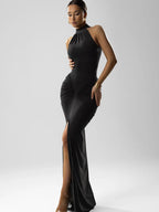 Ribbed Knit Halter Neck Ruched Hip High Split Maxi Dress