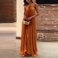 Halter Neck Accordion Pleated Satin Flowy Maxi Dress