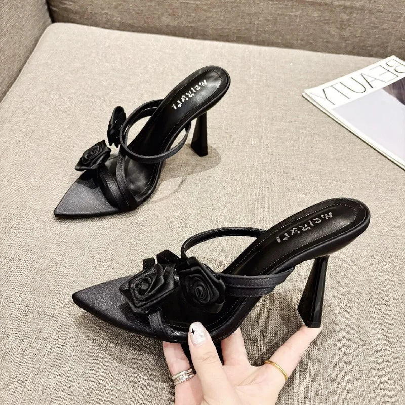 Candy Color Flower Pointed Toe Thin Heel Slippers for Women