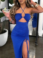 Halter Lace Up Cut Out Ruched Side Slit Bodycon Midi Dress