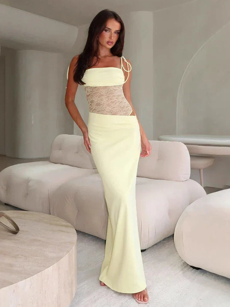 Spaghetti Strap Tie Shoulder Lace Waist Insert Asymmetric Hem Maxi Dress