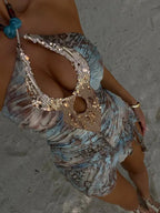 Sequin Keyhole Halter Neck Marble Print Drawstring Ruched Bodycon Mini Dress