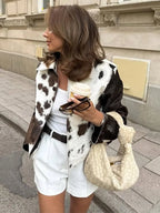 Chic Patchwork Printed Women 's Jackets Vintage Laple Zipper Full Sleeve Short Jacket Lady 2025 Autumn Fashion Female Streetwear