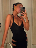 Halter Deep V-Neck Side Cutout Bodycon Midi Dress