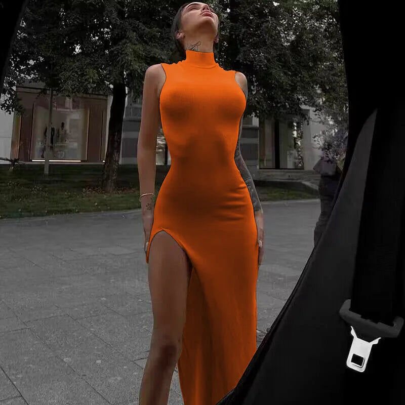 Rib Knit Mock Neck Sleeveless High Split Bodycon Maxi Dress