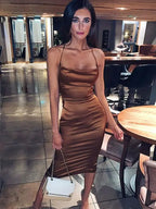 Cowl Neck Spaghetti Strap All Over Ruched Satin Bodycon Midi Dress