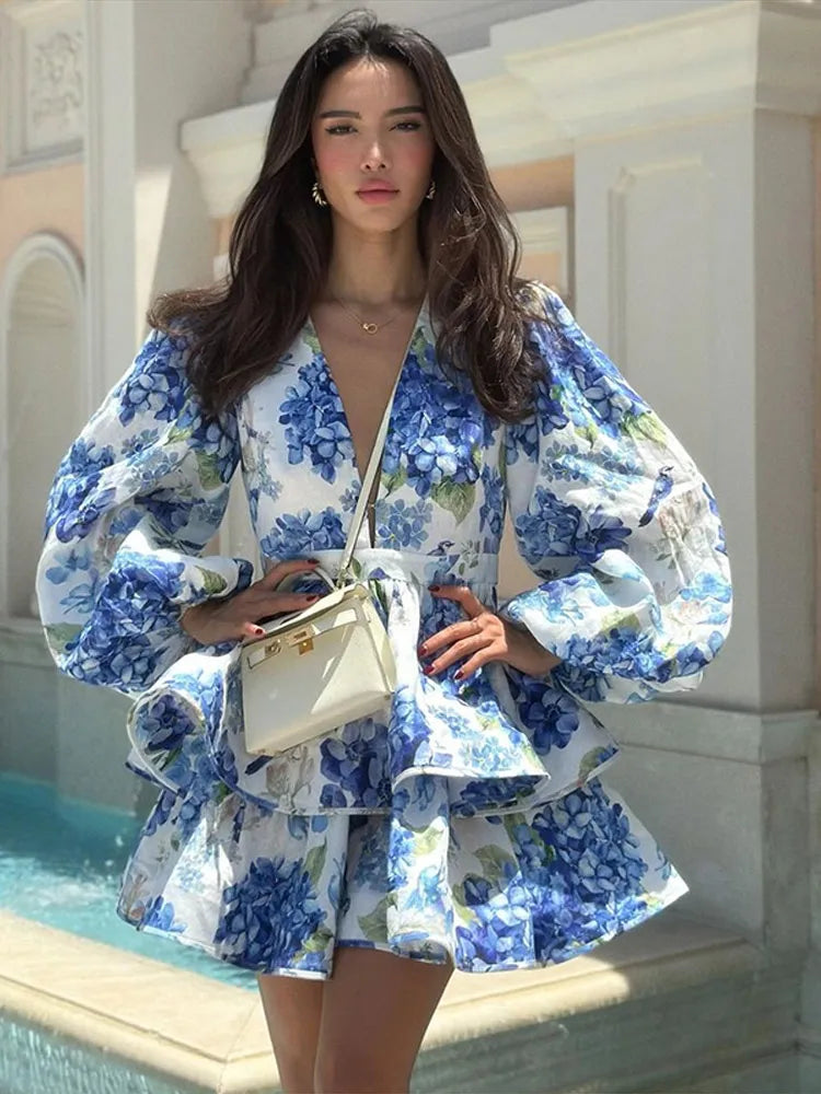 Floral Print Deep V-Neck Puff Sleeve Tiered Ruffle Mini Dress