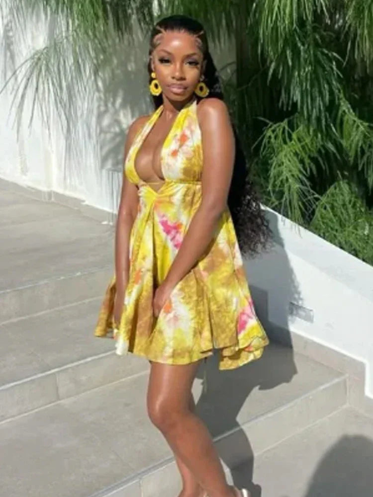 Tie-Dye Print Halter Deep V-Neck Flared Mini Dress