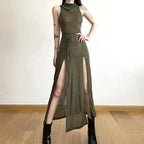 Hollow Back Slit Hooded Midi Dress