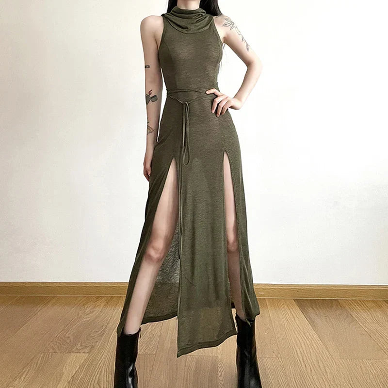 Hooded Slashed Ladder Back High Slit Tank Bodycon Maxi Dress