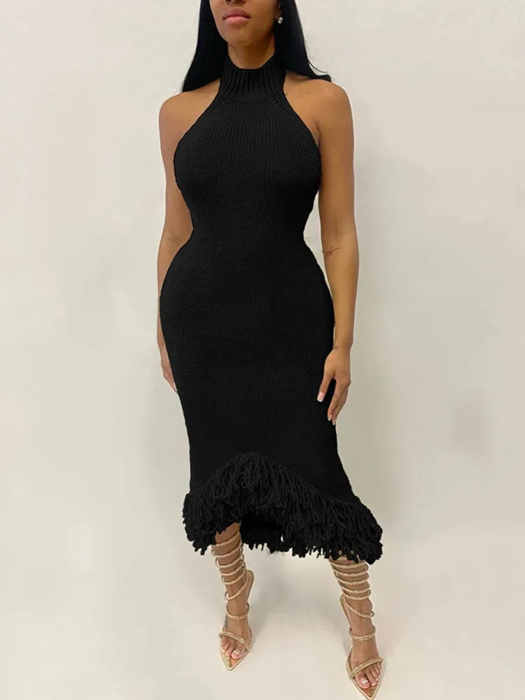 Halter Neck Ribbed Knit Looped Fringe Tassel Hem Bodycon Midi Dress