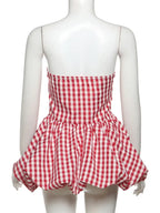 Spring Summer Plaid Tops for Women Streetwear Strapless Off Shoulder Backless Ruched Red T-shirt Girls Sleeveless Tees Top