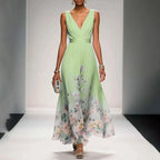 V-Neck Waistband Floral Hem Chiffon Maxi Dress