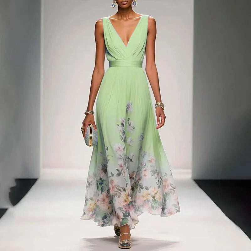 V-Neck Waistband Floral Hem Chiffon Maxi Dress