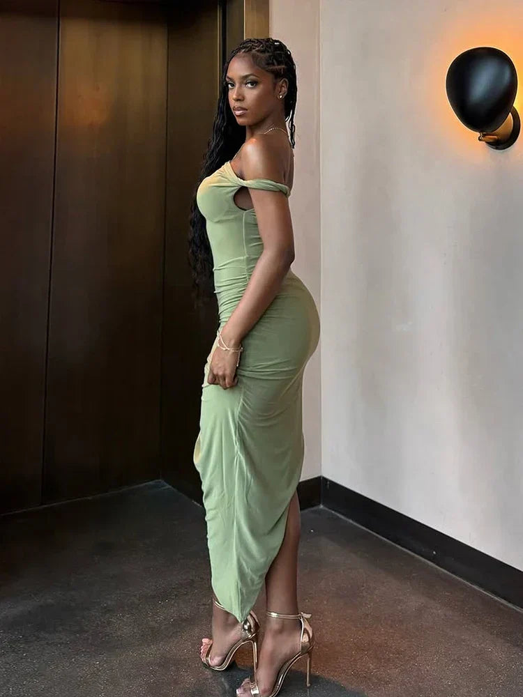 Off Shoulder Ruched Bodycon High Split Midi Dress