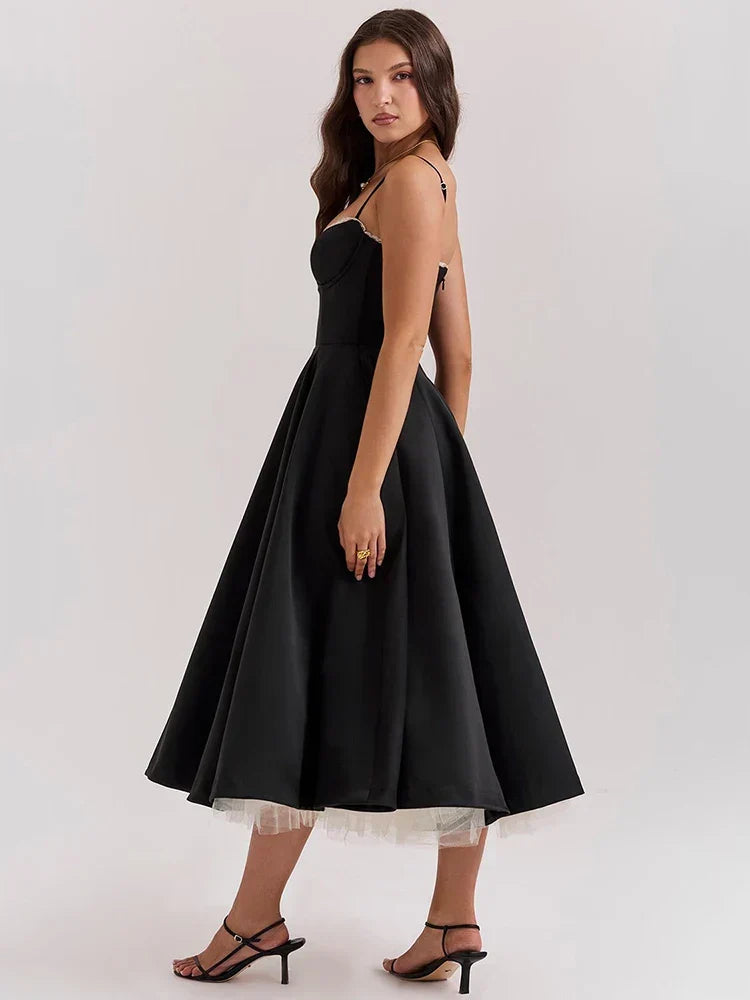 Lace Trim Corset Spaghetti Strap Tulle Underlay Full Skirt Midi Dress