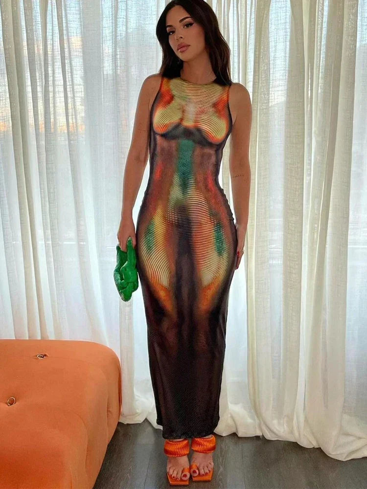 Thermal Print Round Neck Sleeveless Bodycon Maxi Dress