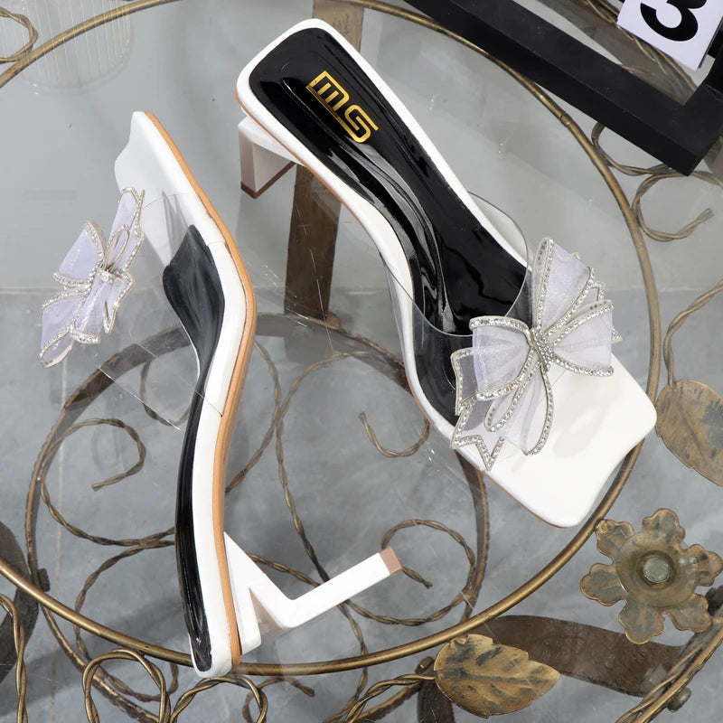 Autumn women's bow gauze elegant fashion slippers with square heel