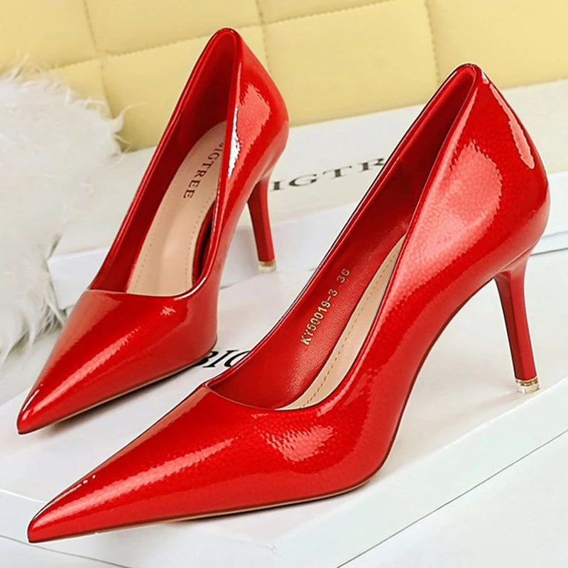 Crystal Patent Leather Women Pumps Pointed High Heels Stilettos Kitten Heels