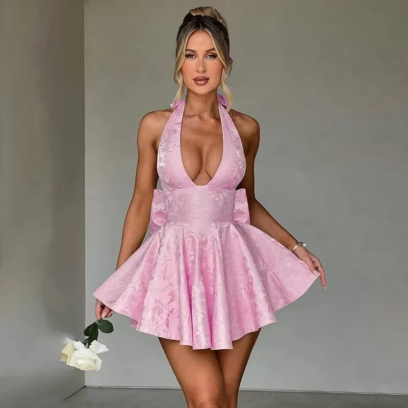 Jacquard Strapless Bow Back Fit and Flare Mini Dress