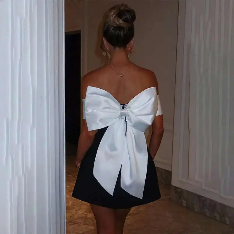 Pearl Trim Neckline Princess Seam Oversized Bow Back Fit and Flare Mini Dress
