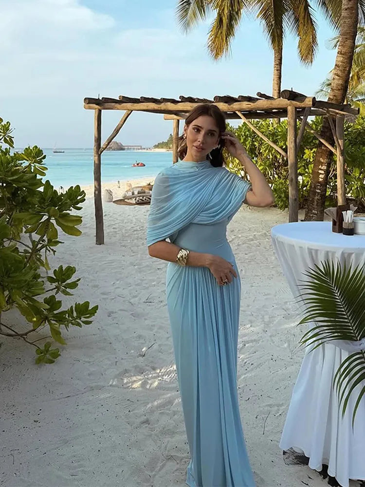 Mock Neck Draped Wrap Cape Overlay Sunray Pleated Maxi Dress