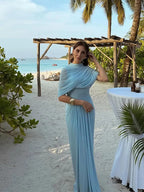 Mock Neck Draped Wrap Cape Overlay Sunray Pleated Maxi Dress