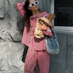 Red Plaid Wide Leg Pants Sets Women Long Sleeve Lace-up Blouse+Elastic Waist Trouser Chic Casual Lace Trim 2 Piece Set 2025 New